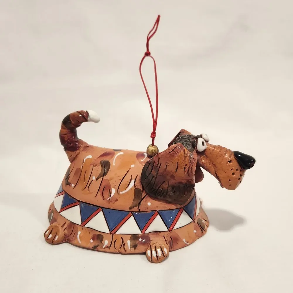 Handmade‎ Studio Pottery Dachshund Dog Bell Ornament Whimsical Folk Art Brown